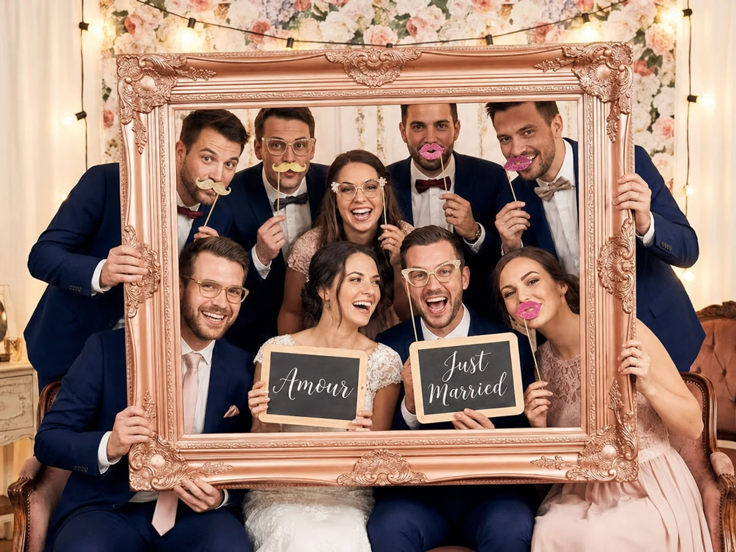 Un groupe d'invités de mariage pose derrière un grand cadre avec des accessoires.